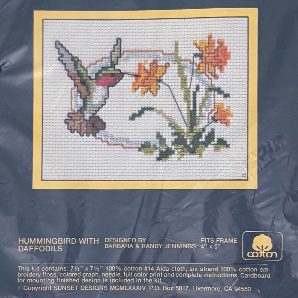 VTG 80s Sunset Hummingbird & Daffodils Cross Stitch Kit 968 SEALED 4"x5" 1984